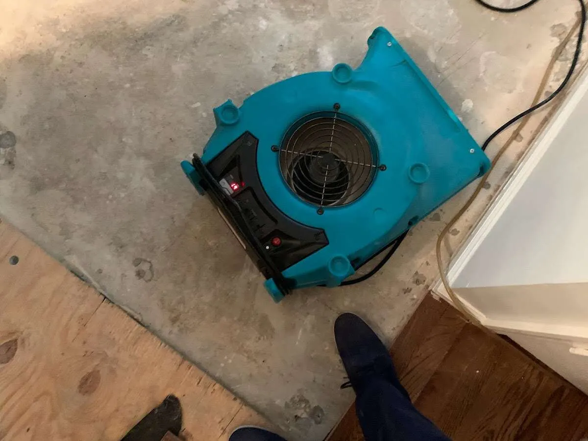 Air mover drying subfloor during Leak Detection & Repair in Southgate